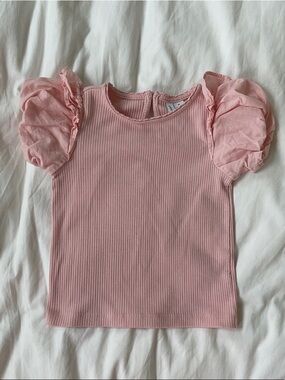 Janie and Jack Soft Pink Ribbed Top with Puff Sleeves